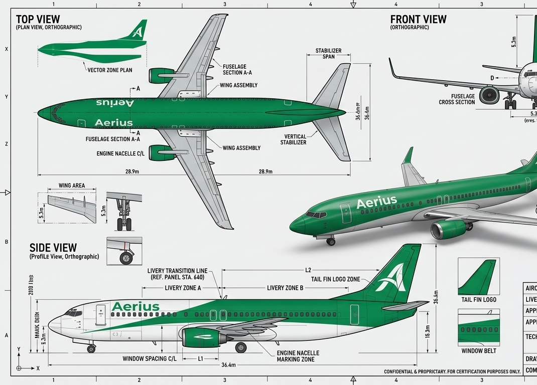 aerius 737 classic livery engineering drawing 2d 3d visualization
