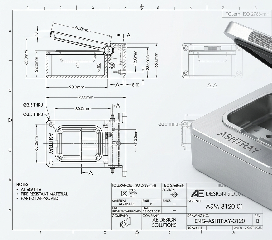 Realistic aircraft ashtray CAD design showing 2D blueprint overlay and 3D engineering visualization for aviation interior component